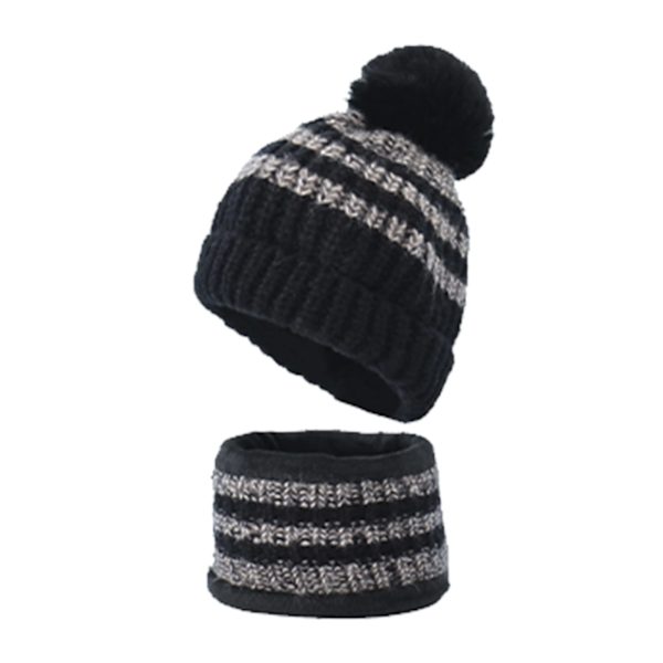Dammössa Set, Fleecefodrad Stickad Halsduk Varm Mössa med Pom Pom Vinter Varm Set, Mössor för Medelstora till Stora Barn