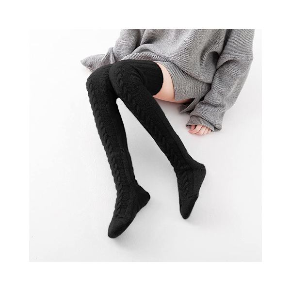 Kvinde Over-the-Knee Strømper Høj Strømper Over-the-Knee Kabel Strikkede Støvle Strømper Lange Varme Fashionable Vinter Termiske Strømper (Sort)