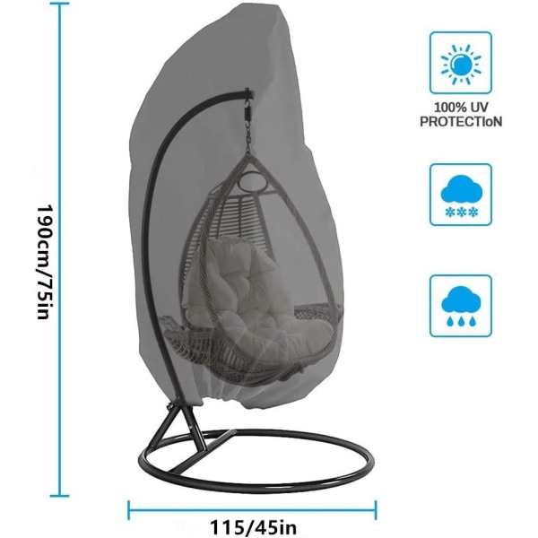 Hanging Chair Cover, Hanging Chair Cover, Egg Chair Protective Cover, Waterproof Furniture Cover Cover with Zipper, 190x115cm (Grey)