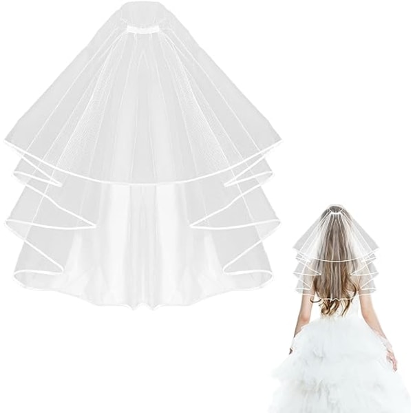 Dubbellagers brudslöja med satinkant (vit under 60 cm), brudhuvudbonad med hårkam, fotobröllopsklänning, möhippa