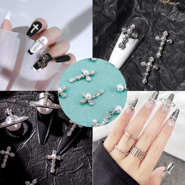 Sæt med 10 (5 af hver stil) crossover nail art charms, 3D store negle smykker med perler til negle dekoration, antik stil blandet størrelse negle rhinest