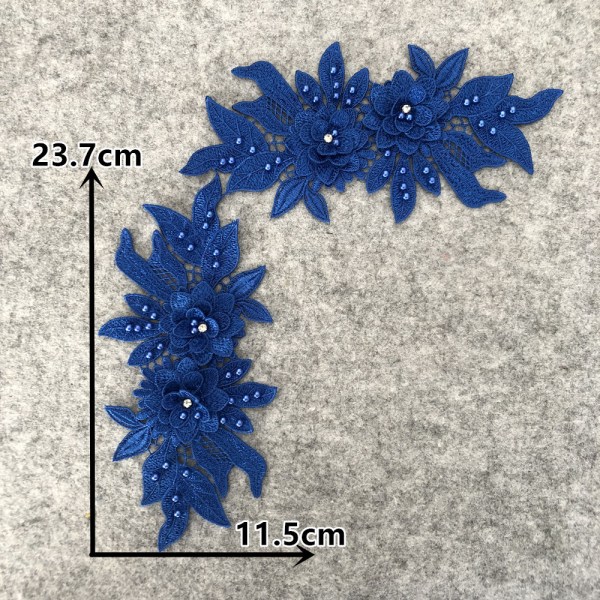 2 st 3D spetsapplikationer, blå sy på broderispets blommor lappar blommönster pärlstrass spets trim tyg pärlapplikationer för sömnad