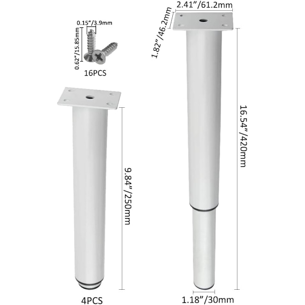 Sæt med 4 robuste og justerbare metalben til borde, senge, sofaer (25-42 cm, hvid)