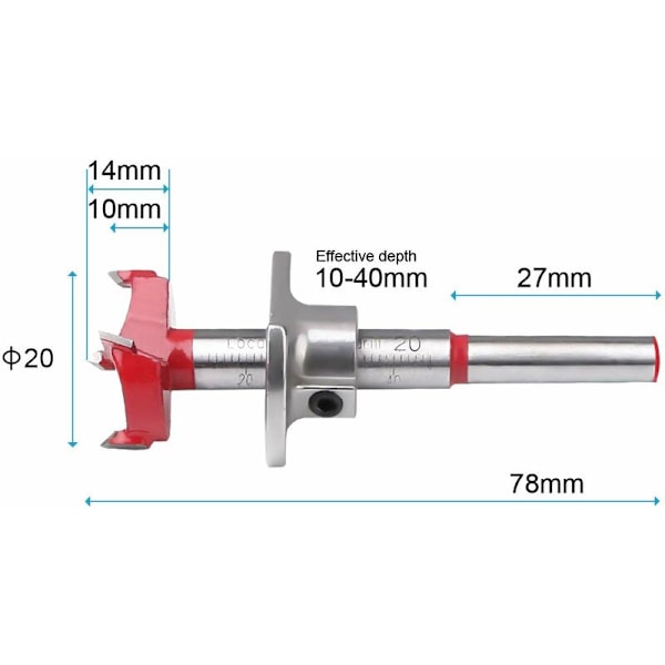 Trævæger, Ø 20 mm Træjordbær med justerbar positionering, himmelsk hårdmetal kopbor med dybdestop (dybt område 1040 mm)