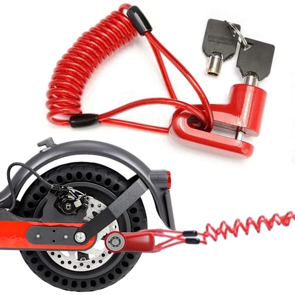 Elektrisk Scooterlås (Röd), Tillbehör Hänglås, Skivlås + 1,2m Fjäder Säkerhet Anti-Stöld Kabel + 2 Nycklar och Blockväska, för Xiaomi M365/Motorcykel