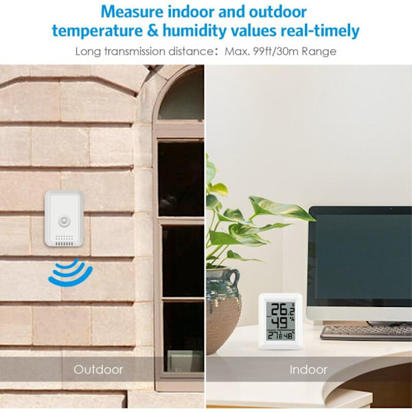 Indendørs og udendørs termometer, forbundet termometer med trådløs udendørs sensor, digital hygrometer termometer med stort LCD-display, ℃/℉ kontakt,