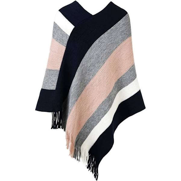 Dam Poncho Tröja Casual Randig Mångsidig Frans Sjal Wrap för Höst Vinter