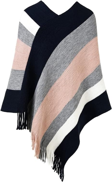 Kvinders Casual Stribet Poncho Sweater Versatile Frynser Sjal Wrap til Efterår Vinter