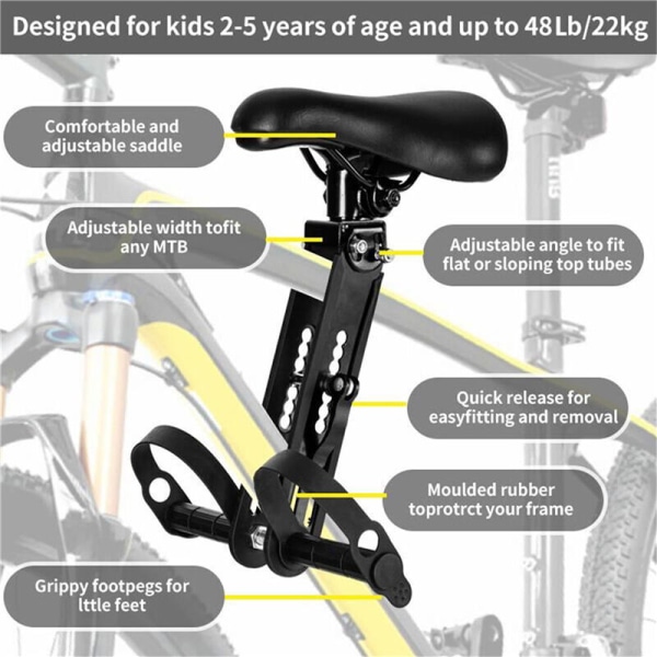 Barnesykkelsete, barnesykkelforsete, foranmonterte sykkelseter for barn i alderen 2-5 Kompatibel med alle terrengsykler for voksne