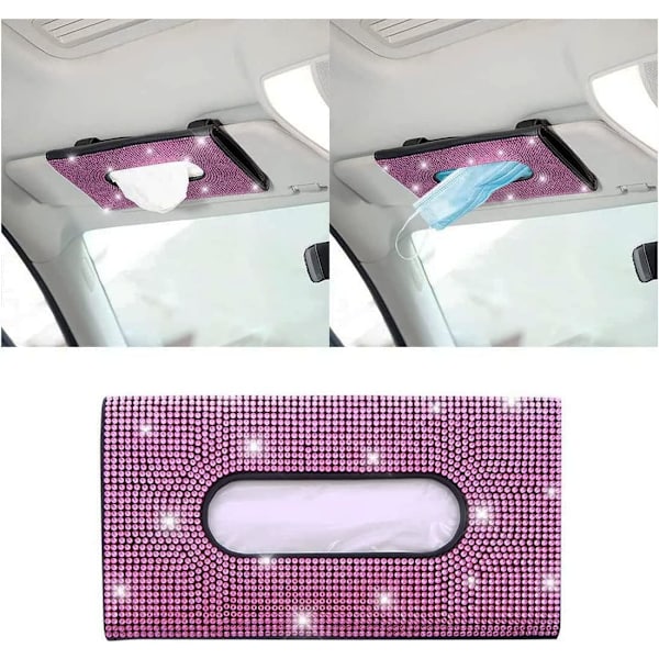 Rosa - 1 st kristall och glänsande PU bil solskydd vävnadslåda kvinnor glitter strass solskydd smink servettlåda,