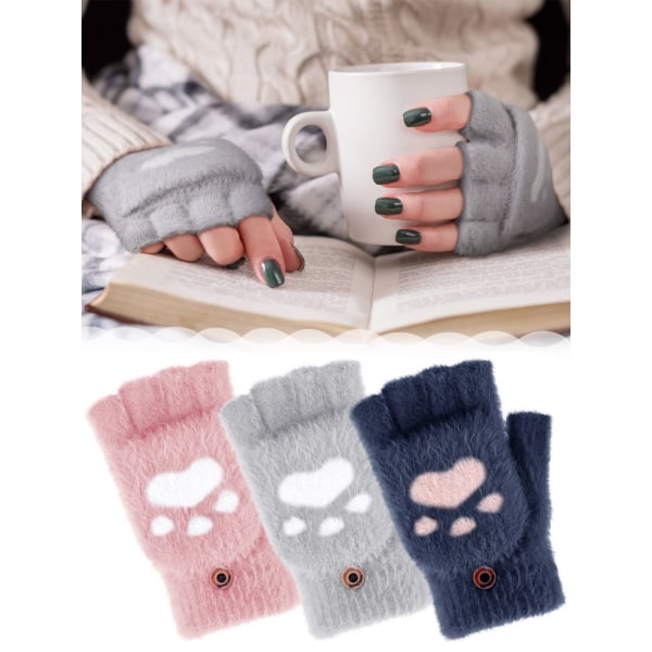 3 par vinter fingerløse hansker varme konvertible hansker flip katteklo hansker for kvinner kaldt vær cosplay (rosa + marine + grå)