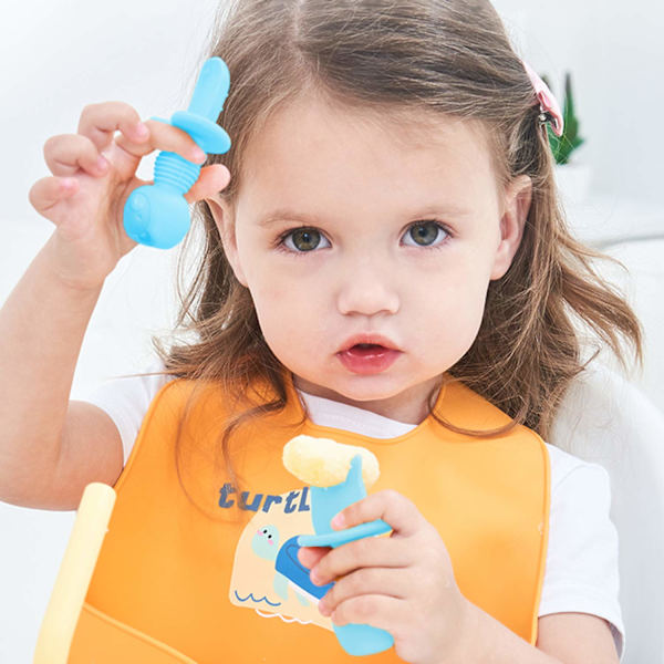 Självmatande babybestick (2-pack) - Baby sked gaffel set - Tuggbara avvänjnings silikonbestick för baby avvänjningsstadium 1 (6+ månader)