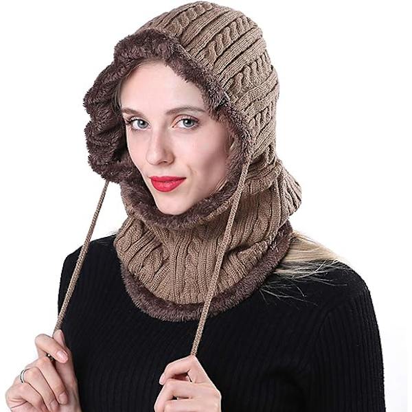 Brun - Herr Varm Ull Stickad Balaclava 2 i 1 Luva Halsduk Mössa Vinter Varm Hals Gaiter Öronmuffar Mössa Cykling Camping Skidåkning Snowboard (1st)