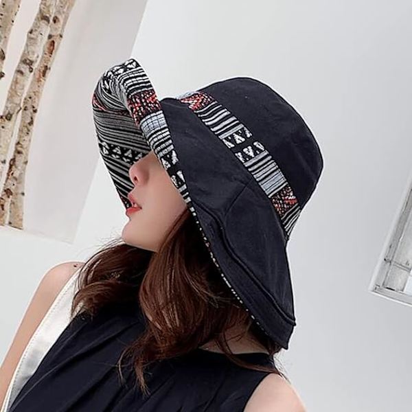 Bomull Solhatt med Bred Bremm - Metalltråd Kant - Sommer UV-beskyttelse UPF - Boho Hatt - God for Strand Fotturer Hage Reise Hakestropp