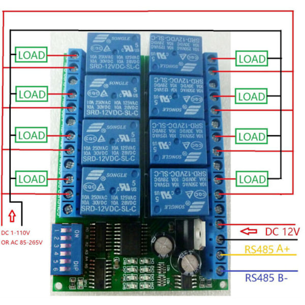 Relä RS485 12 V 8 Kanaler Protokoll Modbus RTU Port Seriell Kontrollbrytare för PLC-styrkort