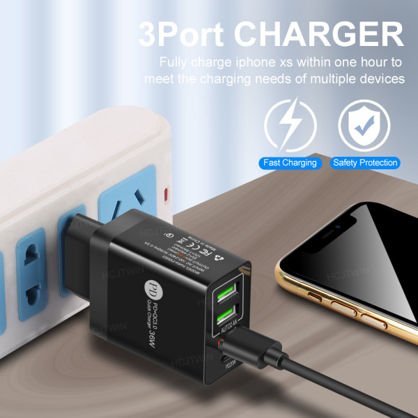 2.4A Dobbel USB Hurtiglader Mobiltelefonlader Multi-USB med PD Lader-EU Europeisk Standard Svart (Rundt Hode)