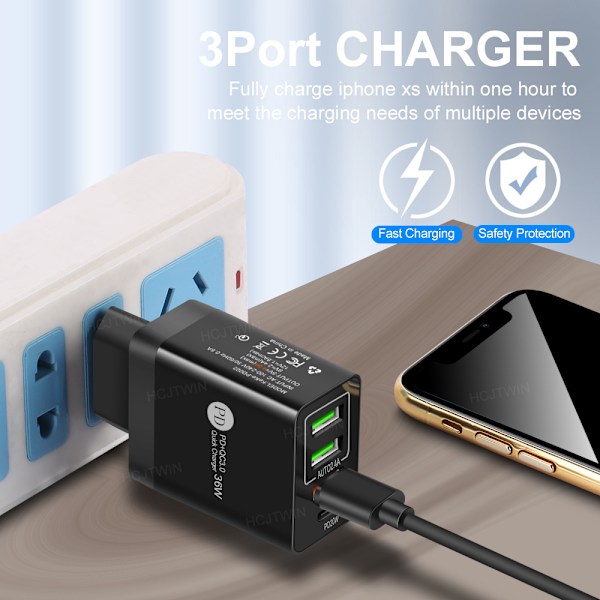 2.4A kaksois-USB-pikalatauspuhelimen laturi, moni-USB PD-laturilla - EU-eurooppalainen standardi, musta (pyöreä pää)