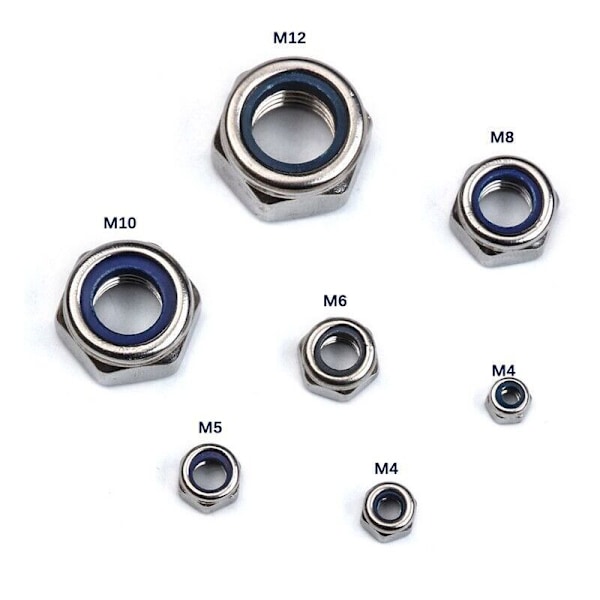 Metrisk nylon låsmutter kit, 170, m3/m4/m6/m8/m10/m12, gängad rostfritt stål, Kit med självlåsande hexagonala låsmuttrar