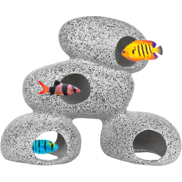 Akvariedekorasjonshuler - Steinhuler for reker, ciklider som gjemmer seg for avl, fisk kan svømme gjennom hull i steinen, 3 steiner