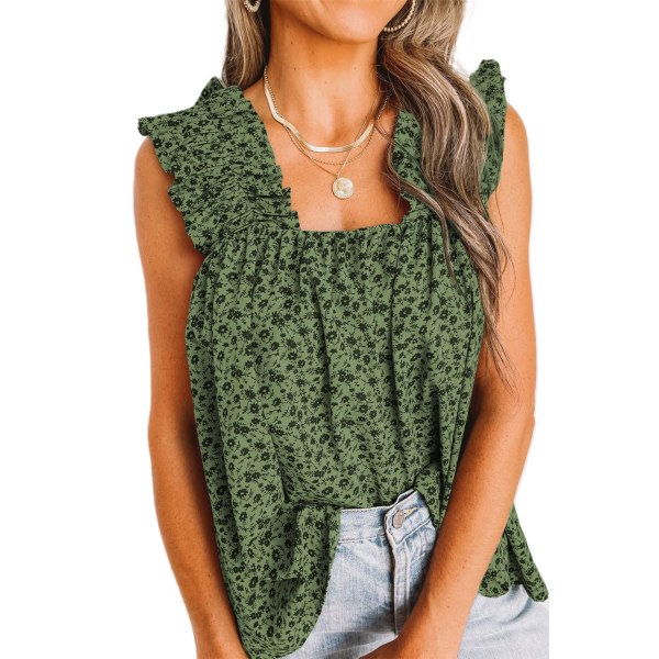 Boho Blomster Tank Tops for Kvinner, Rynket Stropper Plissert Sommer Casual Ermeløs Skjorter Topper Strand Bluser (M)