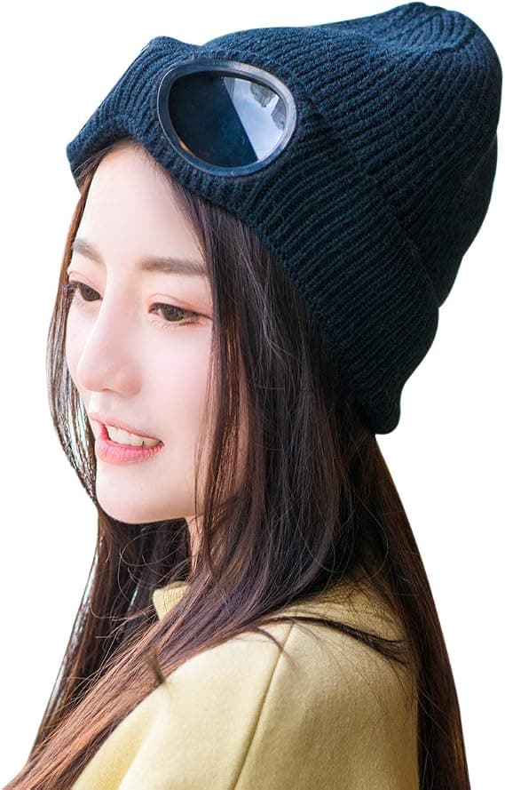 Unisex Goggle Beanie Strikkede Vinter Chunky Beanie Hat(sort)