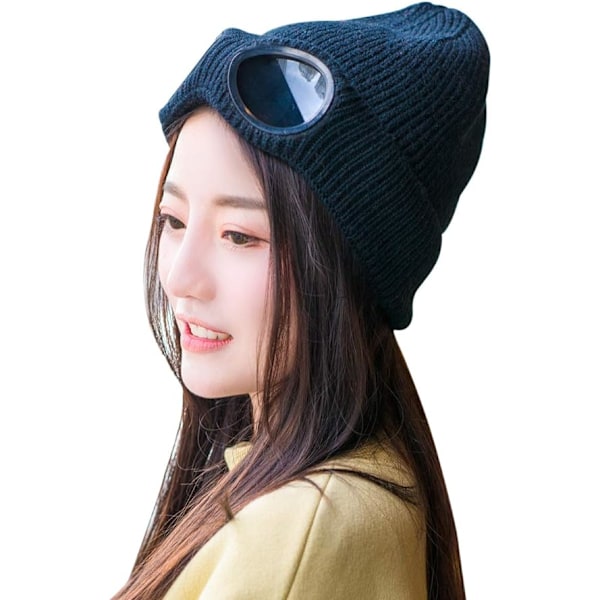 Unisex Goggle Beanie Strikket Vinter Chunky Beanie Hat(svart)