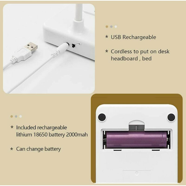 Johdoton LED-pöytävalaisin, USB-ladattava, 2000 mAh:n akku, kosketusohjaus, 3 väriä, 6 kirkkautta himmennettävissä, kannettava pöytävalaisin lapsille