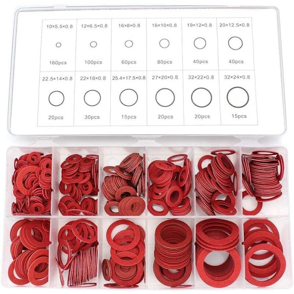 Fiberbrickor Sortiment, 600 st Röda Stålpappers Fiber Plattbrickor Kit Assorterad Isolering Packning