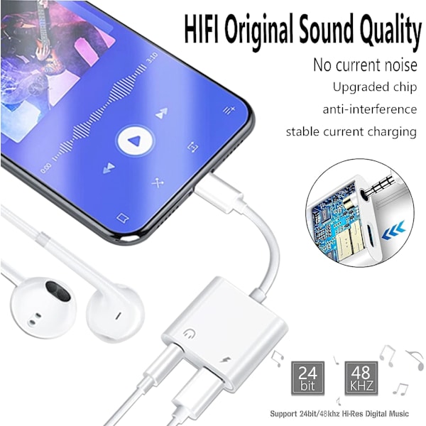 Apple MFi -sertifioitu: Kuulokeliitäntäsovitin iPhonelle, 2-in-1 Lightning - 3,5 mm:n ääniliitäntäsovitin, yhteensopiva iPhone 1:n kanssa