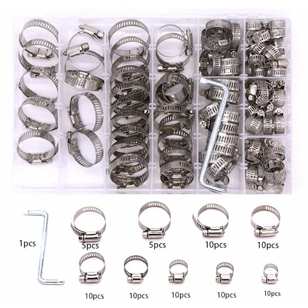 100 stycken justerbara åtdragningshalsband 8 A 44 mm 304 rostfritt stål åtdragningshalsband, 8 storlekar justerbart åtdragningshalsband i rostfritt stål för slang