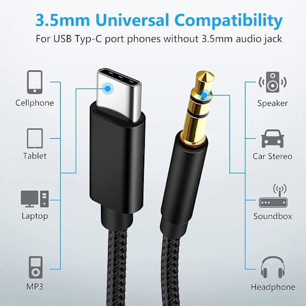 USB C - 3,5 mm:n Aux-kaapeli, USB C - Aux-liitäntäkaapeli auto- ja puhelinkäyttöön, ääniliitäntäsovitin yhteensopiva Samsung Galaxy S22 S21 S20 Note 20/10+ A73 A53:n kanssa,