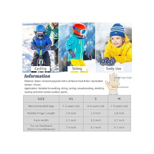 Skihandsker til børn, varme vinterhandsker til sne, vindtætte snowboardvanter til piger og drenge, handsker til koldt vejr til børn i alderen 1-9 år, cykling, løb