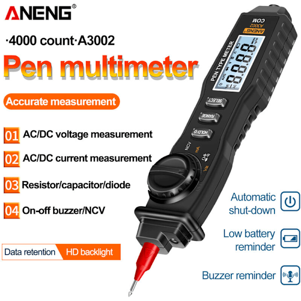 A3002 Pen Multimeter 4000 Multimeter MULTIMETER MÄTARE TESTARE SENSOR MÄTNING AC/DC/Diod/Kontinuitet testverktyg med bakgrundsbelyst lampa