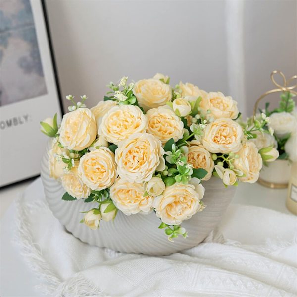 Kunstige blomster, 2 stk. kunstige pæon silkeblomster buket kunstige beige roseblomster arrangementer, borddekorationer bryllupsblomster til kagefest Hom