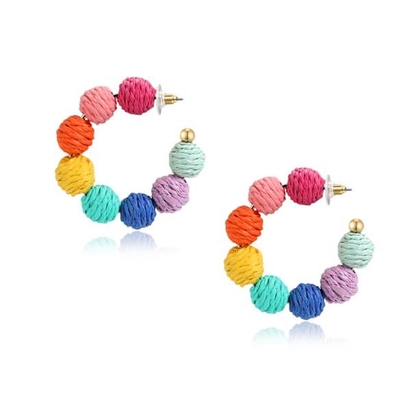 Rottinkiset korvakorut - Kesäinen boho - Raffia-pallovannekoru -väri
