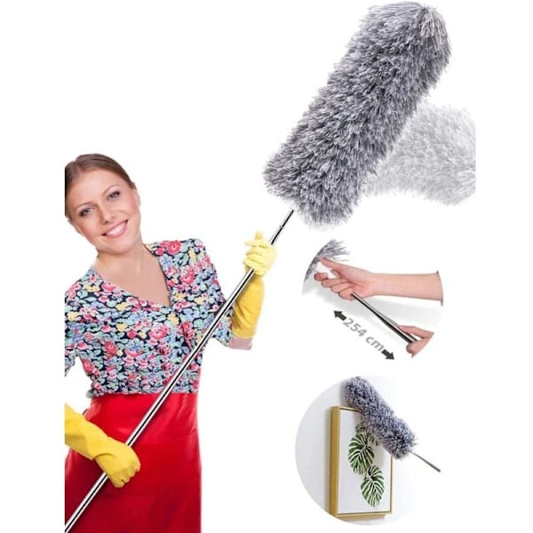Teleskopisk dammvippa 254cm, Teleskopisk varg-huvud Mikrofiber Böjbar Flexibel Rostfritt Stål Handtag, Tvättbar Perfekt för Rengöring av Takfläktar,