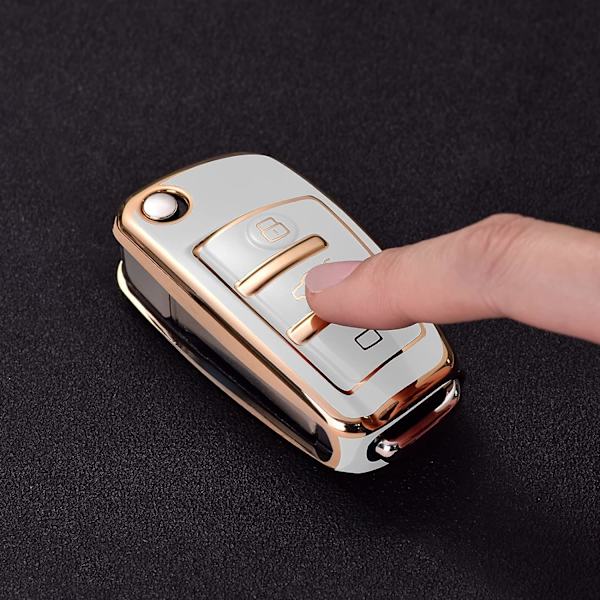 Audi Bilnøgleholder (Guld Kant Hvid), Bilnøgleholder Kompatibel med Audi A1 RS3/R8/Q7/TT/A6L/TTS/SQ Fjernbetjening Beskyttende Etui TPU Silikone.