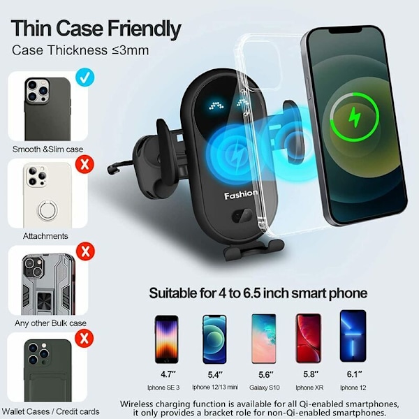 Bilinduksjonslader med Smart Ladesensor 10W Automatisk Klemming for iPhone Samsung etc Smartphones (Svart)，BISBISOUS