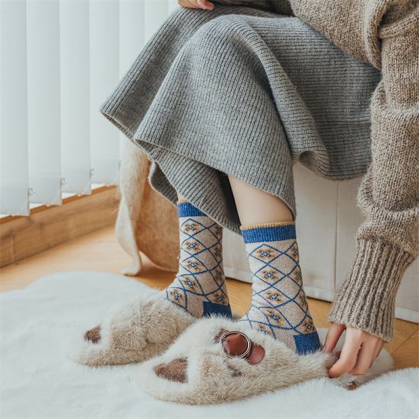 5 par blå sokker til kvinder i efterår og vinter, fortykkede varme strømper, japanske retro kvinders alsidige mellemkalve sokker
