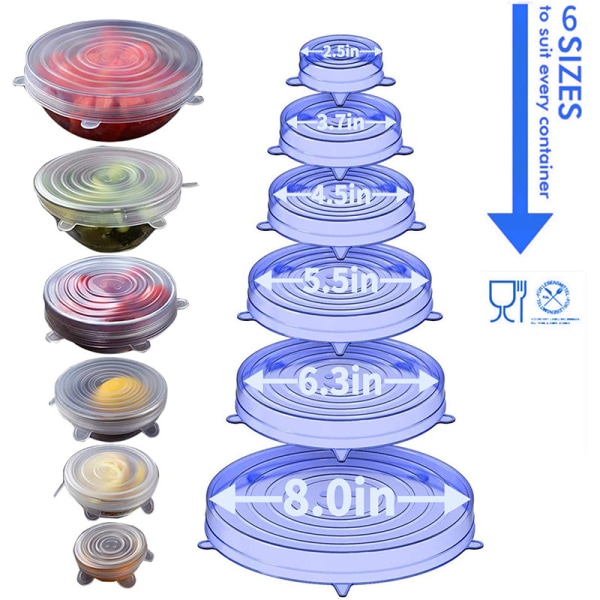 Blå Gælder for madsiconelåg, 6 stykker genanvendelige siconelåg BPA-fri udvidelige siconelåg 6 forskellige størrelser til skål/fad/krukker/mikro