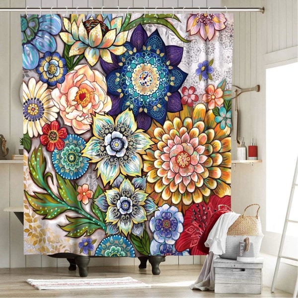 Boho Blomster Bruseforhæng til Badeværelse, Lyst Stof Blomster Bruseforhæng med 12 Kroge, Multi Farve 180x180cm