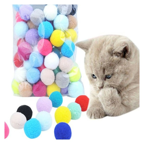 50 stycken (Slumpmässig färg) Kattleksaker Bollar 3 cm, Färgglada kattbollar mjuka kattpomponer boll kattunge leksak för husdjur interaktiv leksak hundar