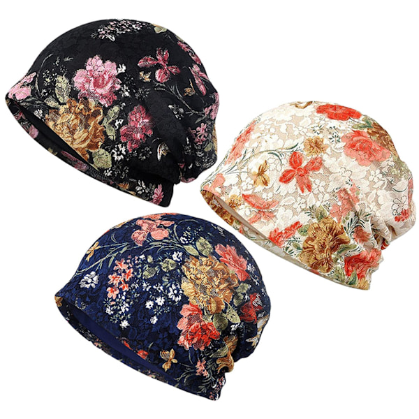 3-pack blommig spetsmössa, kemobeanie för kvinnor