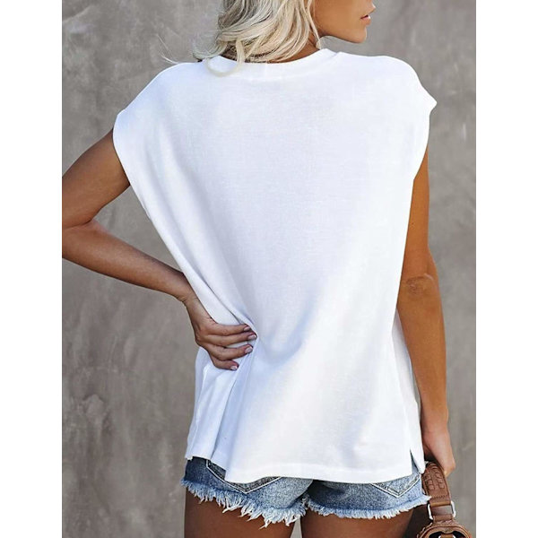 Womens Summer Casual Tops Basic Loose Cap Sleeve Tshirts Solid Color Blouse with Pocket（L,White）