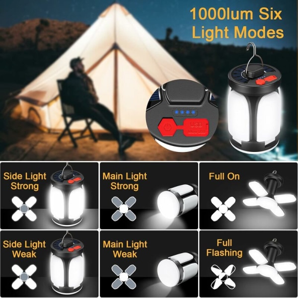LED-campinglykta 4500 mAh sollampa USB-laddningsbar 6 belysningslägen 360° hopfällbar campinglampa SOS IPX5 vattentät campinglampa.
