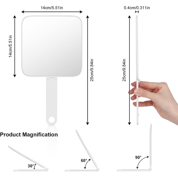 Håndspeil, håndholdt frisørspeil, sminkebordsspeil med sammenleggbart håndtak og hengestativ, allsidig speil for reise, bad, kontor, sminke, skjønnhet