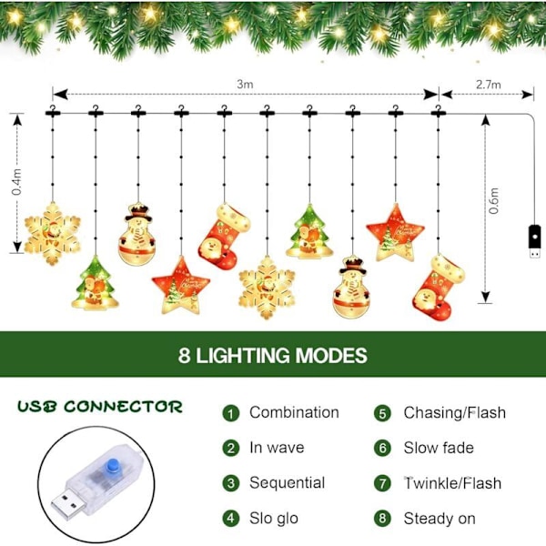 10 stk. Julevinduslys Innendørs, 3M 100 LED 3D Julelys, 8 Moduser USB Julevindusgardinlys, for Innendørs eller Utendørs Hjemmefest D