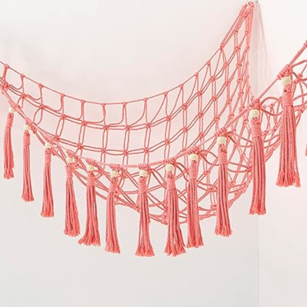 Pehmolelu Hammock Ripustus (Pinkki) - Tassel Lace Toy Hammock Puinen Bead Tassel - Täytetty Eläinjärjestäjä, Big Horn Pehmolelu Grid Shelf Nurser