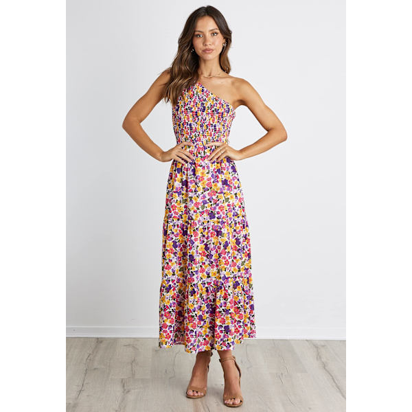 Kvinder Off Shoulder Ærmeløs Casual Sommerkjole, 2023 Ruched Højtaljet Blomster Flowy Strand Boho Maxi Kjole