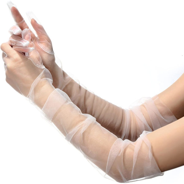 Dam långa handskar mesh tyll handskar 27 tum transparenta fest opera handskar armbågslängd handskar för bröllop brud bal